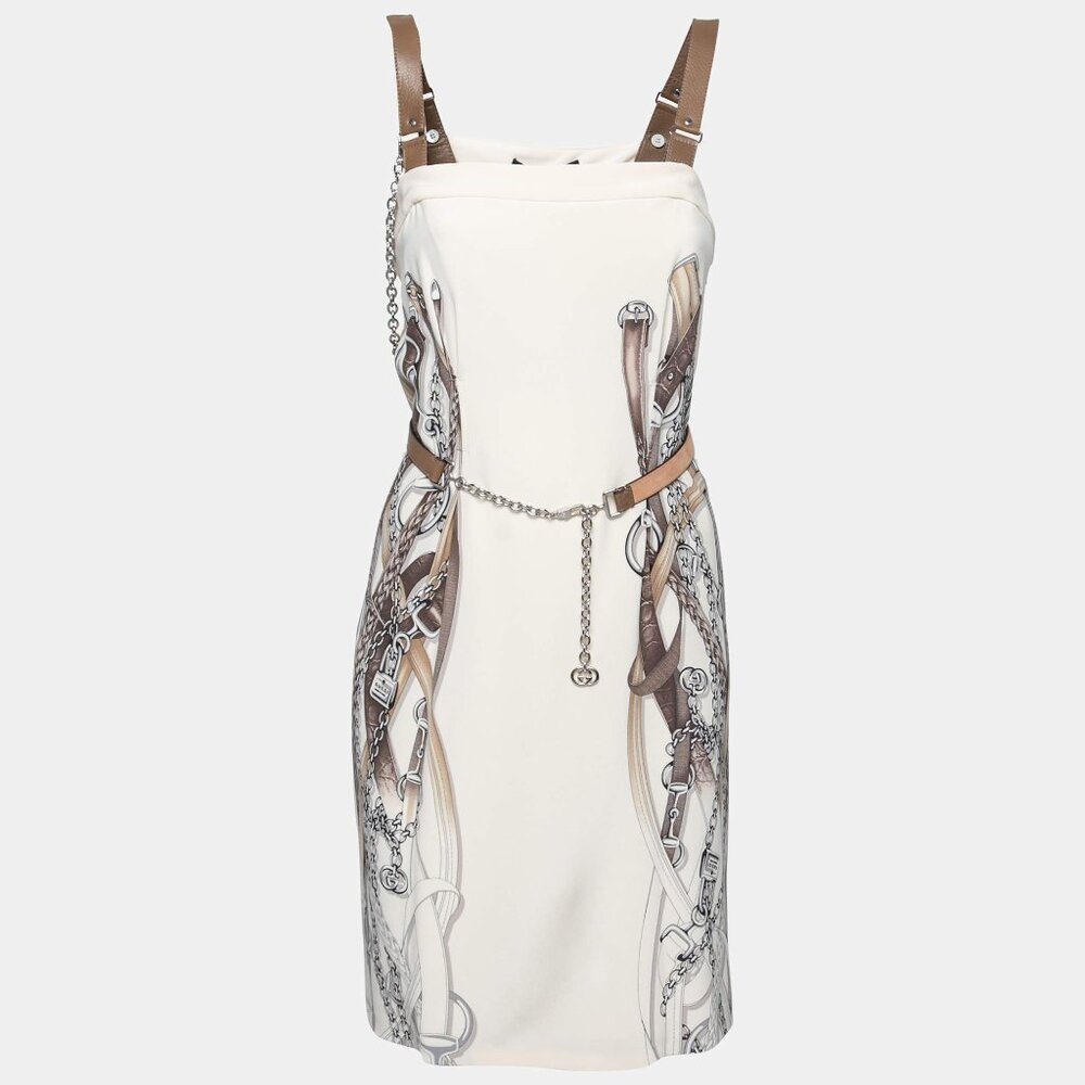Gucci Dress Leather Straps with Shoulder Chain Printed Silk Dress Sz 40